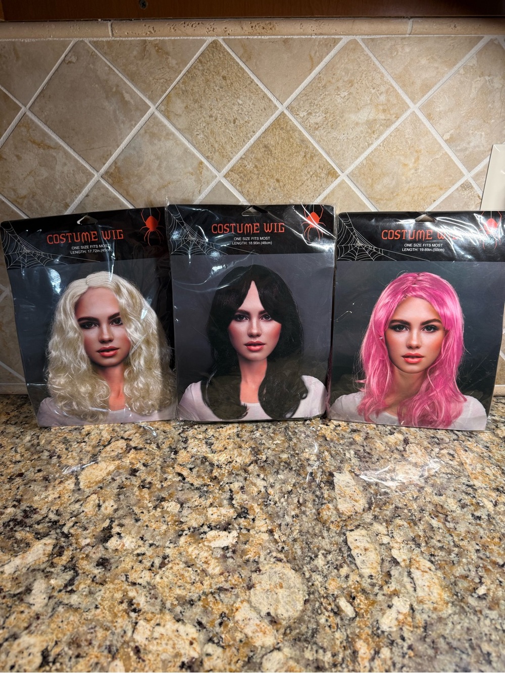 Set of 3 Halloween Costume Wigs – Blonde, Brunette, Pink, One Size Adult.
